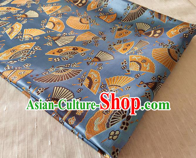 Asian Japan Traditional Folding Fan Pattern Design Blue Brocade Damask Fabric Kimono Satin Material