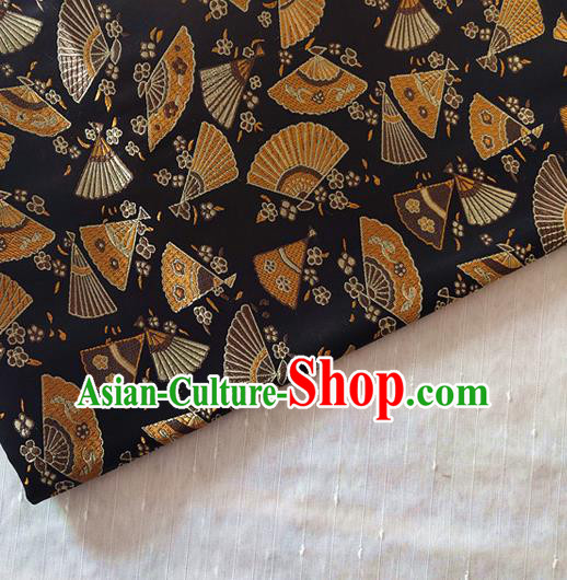 Asian Japan Traditional Folding Fan Pattern Design Black Brocade Damask Fabric Kimono Satin Material