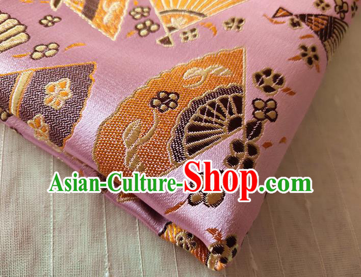 Asian Japan Traditional Folding Fan Pattern Design Pink Brocade Damask Fabric Kimono Satin Material