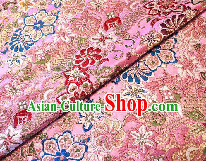 Asian Japan Traditional Sakura Daisy Pattern Design Pink Brocade Damask Fabric Kimono Satin Material