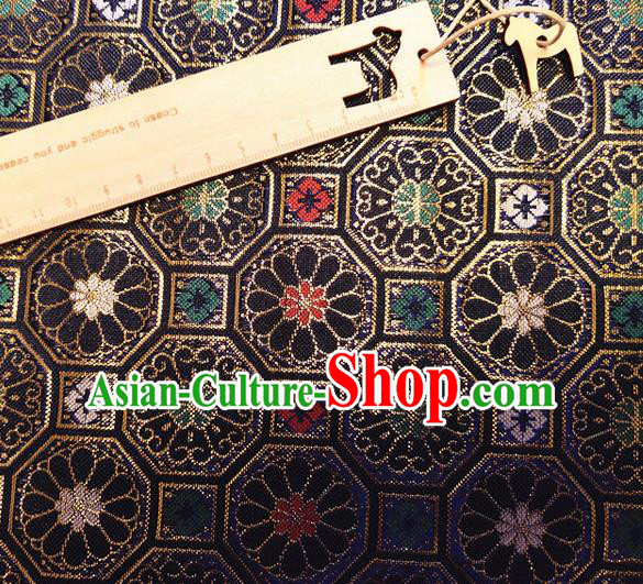 Asian Japan Traditional Chrysanthemum Pattern Design Navy Brocade Damask Fabric Kimono Satin Material