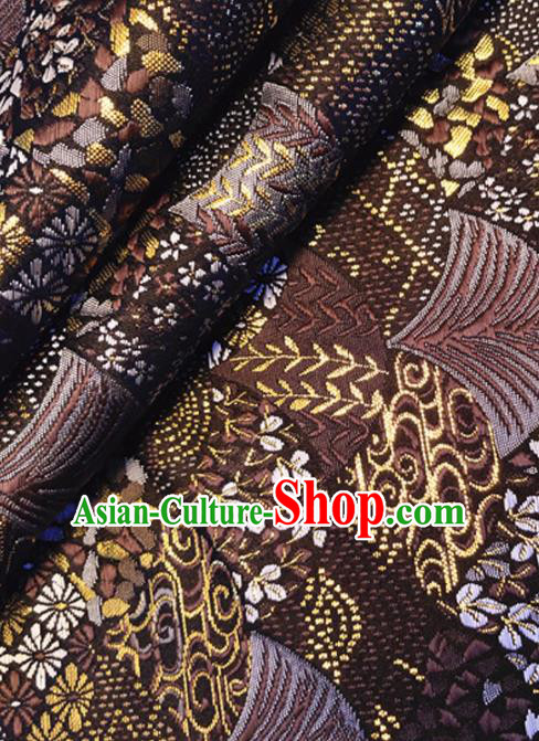Asian Japan Traditional Cycas Pattern Design Brown Brocade Damask Fabric Kimono Satin Material