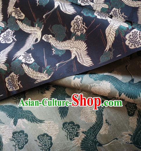 Asian Japan Traditional Cranes Pattern Design Black Brocade Damask Fabric Japanese Kimono Satin Material