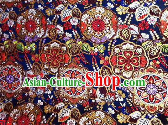 Asian Japan Traditional Flowers Pattern Design Navy Brocade Damask Fabric Japanese Kimono Satin Material