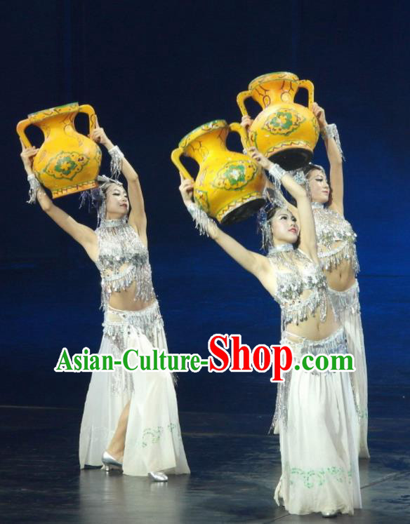Chinese The Romantic Show of Lijiang Peacock Dance White Dress Stage Performance Costume and Headpiece for Women