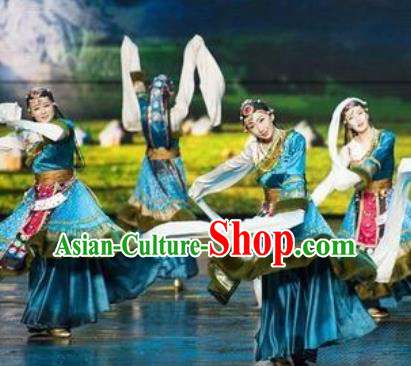 Chinese The Romantic Show of Lijiang Tibetan Dance Blue Dress Stage Performance Costume and Headpiece for Women