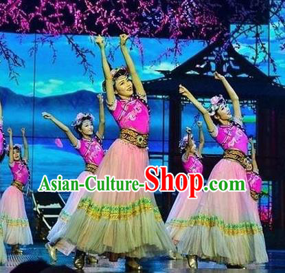 Chinese The Romantic Show of Lijiang Yi Nationality Dance Dress Stage Performance Costume and Headpiece for Women