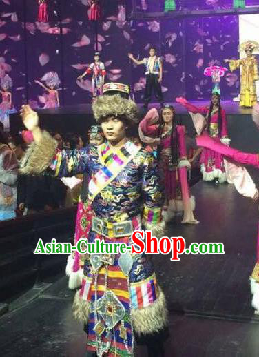 Chinese The Romantic Show of Lijiang Stage Performance Zang Ethnic Nationality Dance Costume for Men