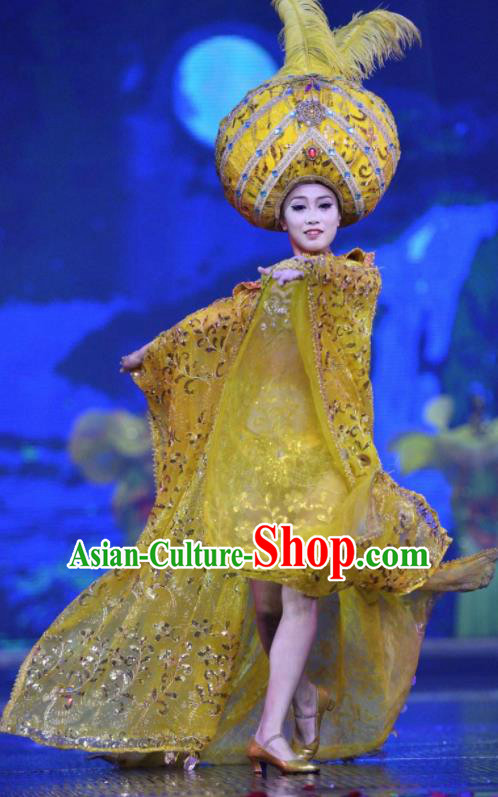Chinese The Romantic Show of Sanya Yellow Dress Stage Performance Dance Costume and Headpiece for Women