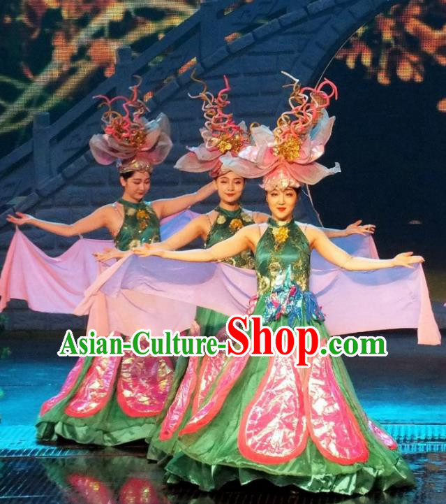 Chinese The Romantic Show of Songcheng Dance Green Dress Stage Performance Costume and Headpiece for Women