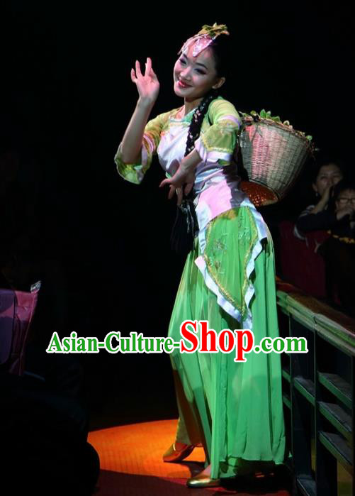 Chinese The Romantic Show of Songcheng West Lake Longjing Tea Dance Green Dress Stage Performance Costume for Women