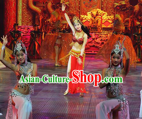Chinese The Romantic Show of Songcheng Palace Feast Dance Red Dress Stage Performance Goddess Costume and Headpiece for Women