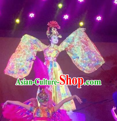 Chinese The Long Regret Tang Dynasty Court Concubine Dance Yellow Dress Stage Performance Costume and Headpiece for Women