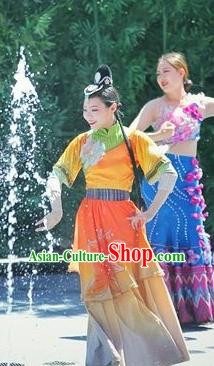 Chinese Love Song of Lijiang Classical Dance Orange Dress Stage Performance Ethnic Costume for Women