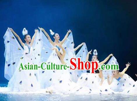 Chinese Dynamic Yunnan Peacock Dance White Dress Stage Performance Ethnic Costume for Women
