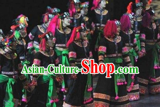 Chinese Dynamic Yunnan Yi Nationality Dance Black Dress Stage Performance Ethnic Costume for Women