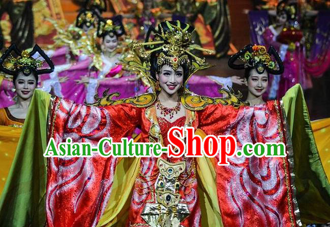 Chinese The Romantic Show of Jiuzhai Court Concubine Dance Dress Stage Performance Costume and Headpiece for Women