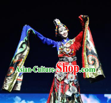 Chinese The Romantic Show of Jiuzhai Tibetan Nationality Dance Red Dress Stage Performance Costume and Headpiece for Women