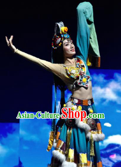 Chinese The Romantic Show of Jiuzhai Tibetan Nationality Dance Blue Dress Stage Performance Costume and Headpiece for Women