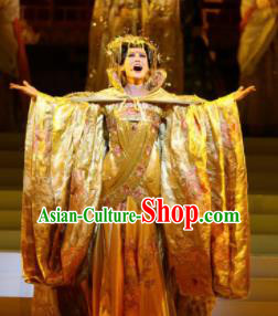 Chinese Princess Wencheng Ancient Drama Dance Golden Dress Stage Performance Costume and Headpiece for Women
