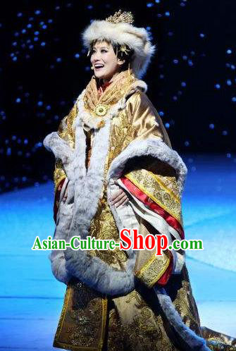 Chinese Princess Wencheng Ancient Drama Dance Winter Dress Stage Performance Costume and Headpiece for Women