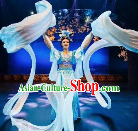 Chinese Chang An Impression Ancient Court Dance Blue Long Ribbon Dress Stage Performance Costume and Headpiece for Women