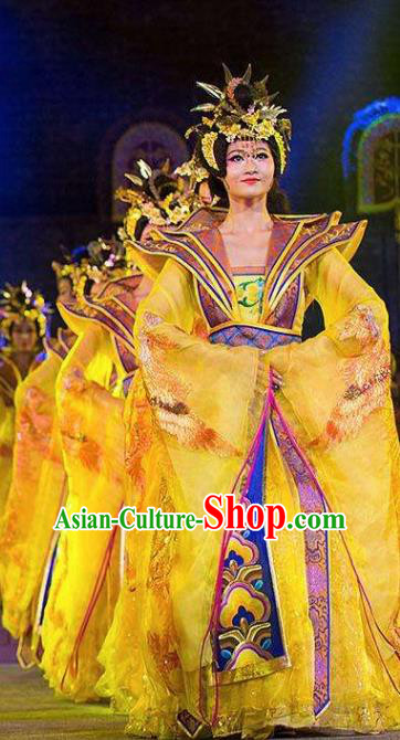 Chinese Chang An Impression Ancient Court Queen Dance Yellow Dress Stage Performance Costume and Headpiece for Women