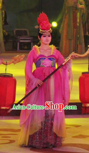 Chinese Chang An Impression Ancient Tang Dynasty Court Maid Dance Pink Dress Stage Performance Costume and Headpiece for Women