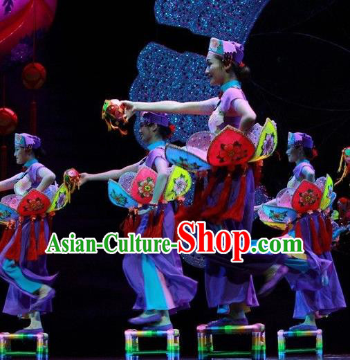 Chinese The Ship Legend of Huashan Zhuang Nationality Dance Purple Dress Stage Performance Costume and Headpiece for Women