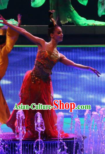 Chinese Back to Song Dynasty Classical Dance Red Dress Stage Performance Costume and Headpiece for Women