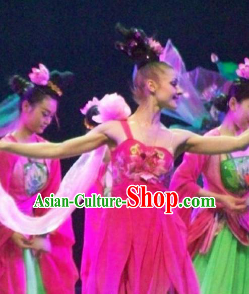 Chinese Back to Song Dynasty Classical Lotus Dance Rosy Dress Stage Performance Costume for Women