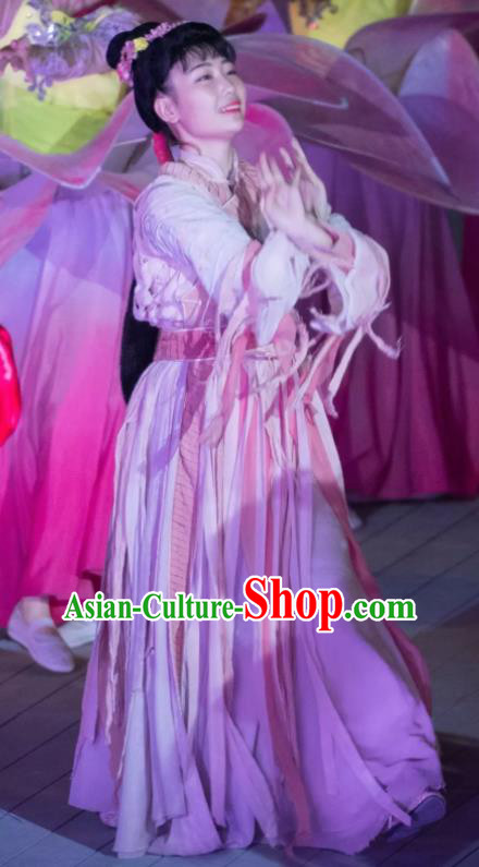 Chinese Peoformance In Panshan Mountain Qing Dynasty Classical Dance Pink Dress Stage Performance Costume and Headpiece for Women