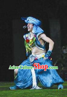 Chinese Dragon Boat Tujia Nationality Ethnic Dance Stage Performance Blue Costume for Men