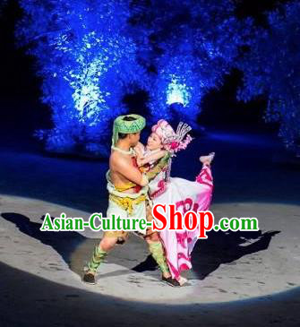 Chinese Dragon Boat Song Tujia Nationality Ethnic Wedding Bride and Bridegroom Stage Performance Dance Costumes for Women for Men