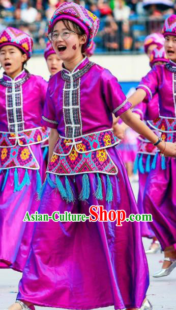 Chinese Dragon Boat Song Tujia Nationality Ethnic Dance Purple Dress Stage Performance Costume and Headpiece for Women