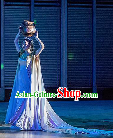 Chinese the Porcelain Tower Ceremony Classical Dance White Dress Stage Performance Costume and Headpiece for Women