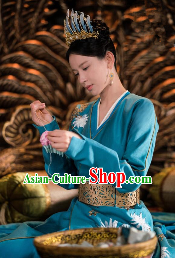 Drama Ever Night Ancient Chinese Queen Blue Dress Traditional Tang Dynasty Empress Costumes for Women