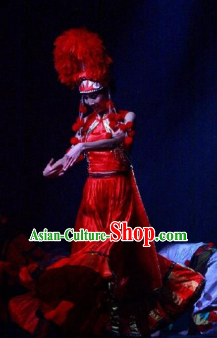 Chinese Impression of Lijiang Naxi Nationality Bride Ethnic Dance Red Dress Stage Performance Costume and Headpiece for Women