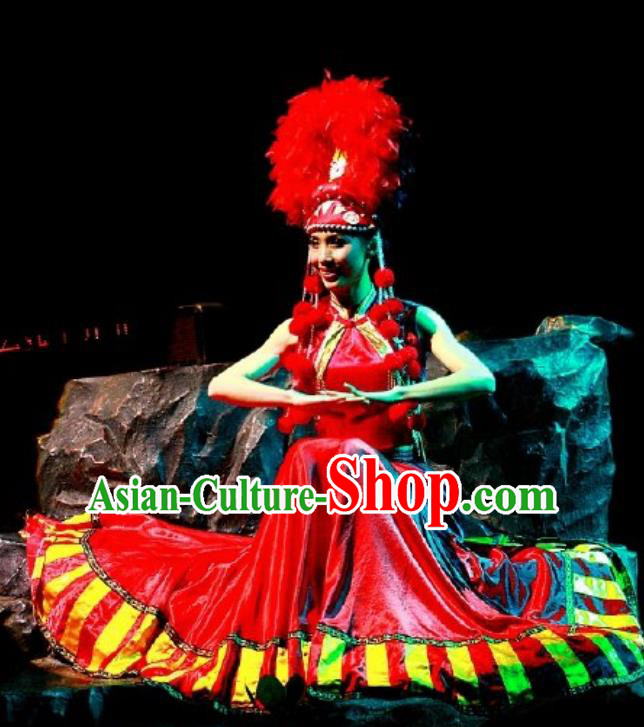 Chinese Impression of Lijiang Naxi Nationality Bride Ethnic Dance Red Dress Stage Performance Costume and Headpiece for Women