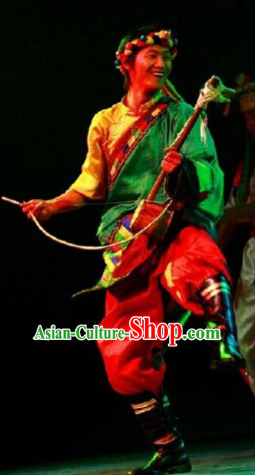 Chinese Impression of Lijiang Zang Nationality Ethnic Dance Green Robe Stage Performance Costume for Men