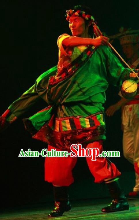 Chinese Impression of Lijiang Zang Nationality Ethnic Dance Green Robe Stage Performance Costume for Men