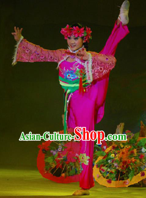 Chinese Hui Nationality Wedding Ethnic Bride Dance Rosy Dress Stage Performance Costume and Headpiece for Women