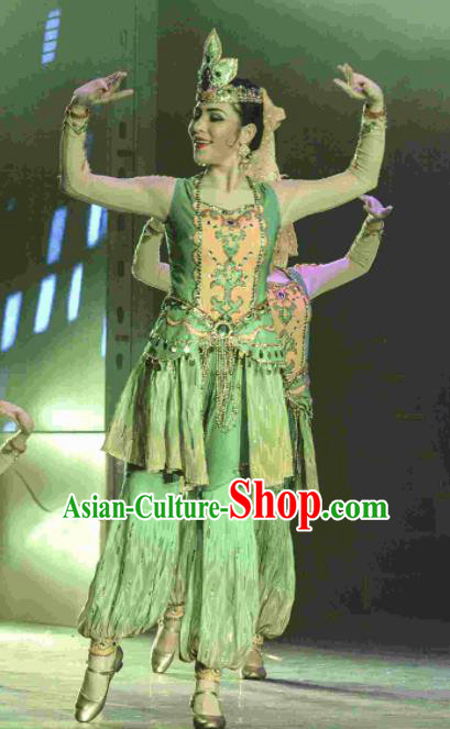 Chinese Silk Road Uyghur Nationality Dance Green Dress Ethnic Stage Performance Costume for Women