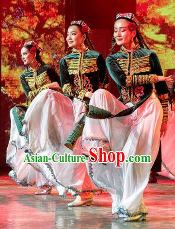 Chinese Silk Road Uyghur Nationality Dance Green Dress Ethnic Stage Performance Costume for Women