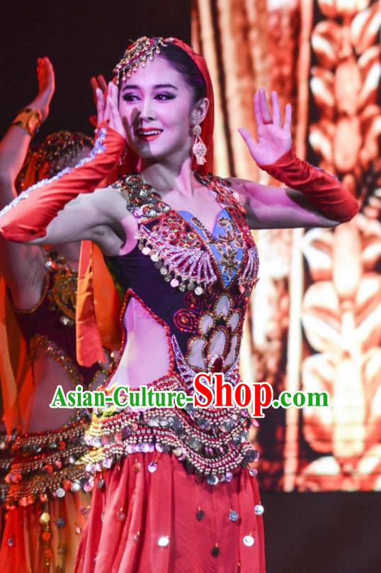 Chinese Silk Road Uyghur Nationality Dance Red Dress Ethnic Stage Performance Costume for Women
