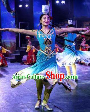 Chinese Silk Road Mongol Nationality Dance Blue Dress Ethnic Stage Performance Costume for Women