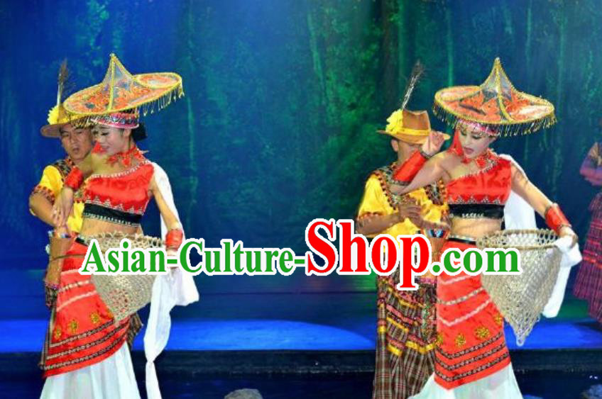 Chinese Lishui Jinsha Dai Nationality Dance Red Dress Ethnic Stage Performance Costume and Headpiece for Women