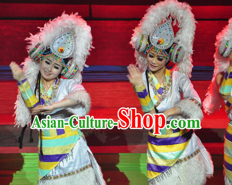 Chinese Lishui Jinsha Zang Nationality Dance White Dress Ethnic Stage Performance Costume and Headpiece for Women