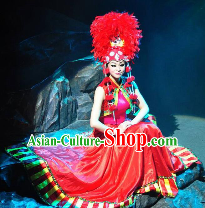 Chinese Lishui Jinsha Yi Nationality Dance Red Dress Ethnic Wedding Stage Performance Costume and Headpiece for Women