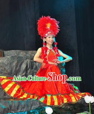 Chinese Lishui Jinsha Yi Nationality Dance Red Dress Ethnic Wedding Stage Performance Costume and Headpiece for Women